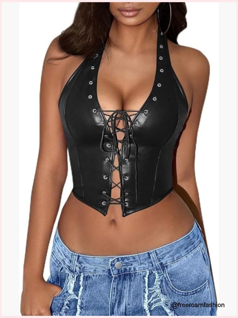 PU Leather Halter Corset Crop Top Lace Up Sexy Going Out Tank